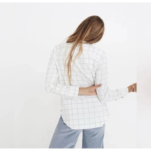 Madewell Flannel Tie Neck Shirt Windowpane XXS Relaxed Fit White Black Button Up - Picture 2 of 12